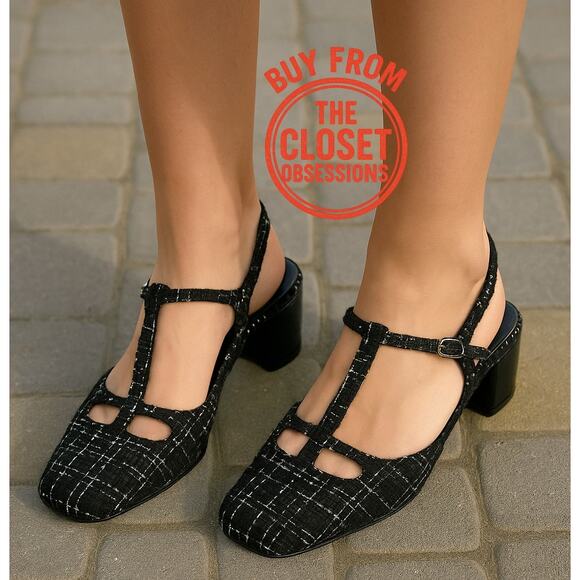 ZARA Textured Slingbacks NWT ๐ค Tweed Fabric Block Heel Size 7.5 8 - Picture 1 of 15